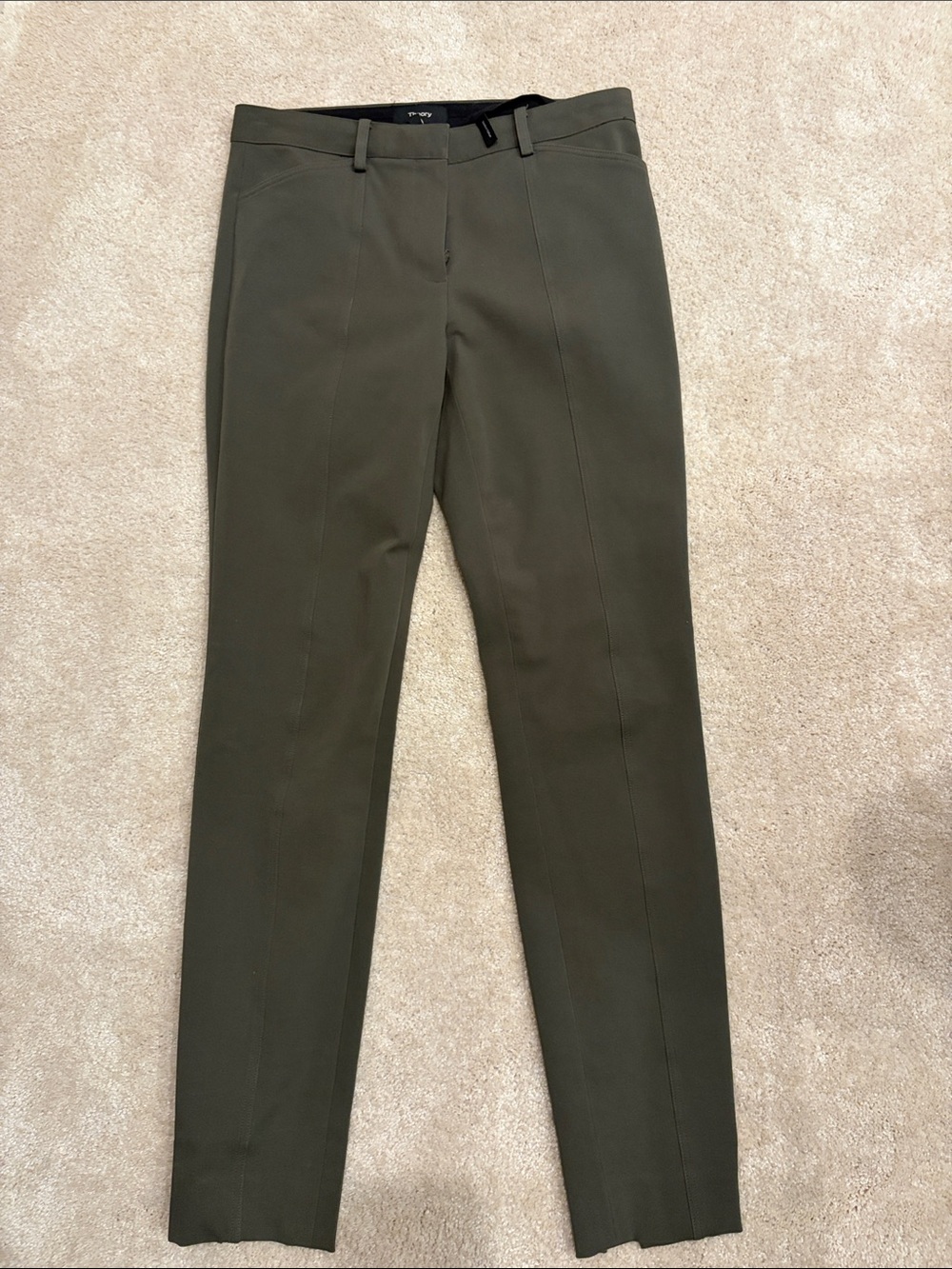 Theory Women’s Skinny Olive Green Dress Pants with zippers on the ankles
